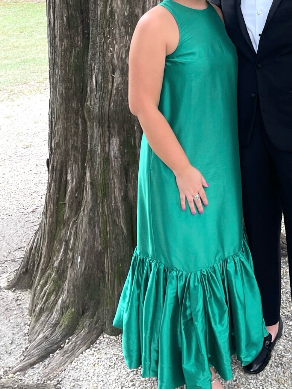 Anthropologie Emerald Green Sleeveless Satin Maxi Dress with Ruffle Hem - Picture 4 of 4